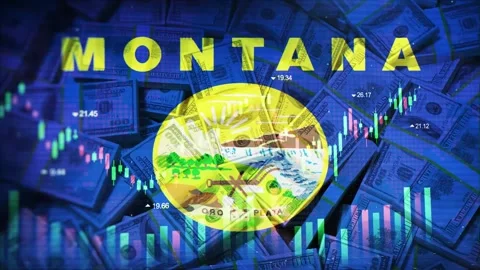 Montana Flag on Economic Background With Decrease Bar Chart Graph And Arrow Stockbeeldmateriaal 320971700
