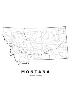 Montana MT Map Counties Highways Roads Black White Editable Vector Stock Illustration