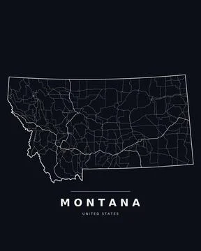 Montana MT Map Counties Highways Roads Dark Mode Editable Vector Stock Illustration