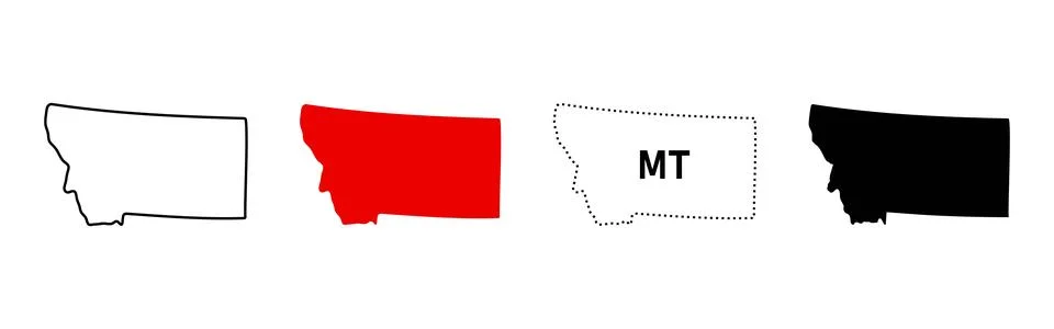 Montana state map icon set. US state shape in outline, solid fill, dotted c.. Stock Illustration