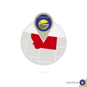 Montana US State map and flag in circle. Map of Montana, Montana flag pin. .. Stock Illustration
