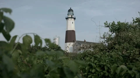 Montauk point lighthouse centered with foliage Stock Footage 40106815