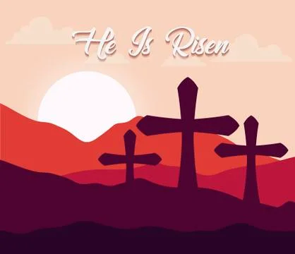 Monte calvario scene with he is risen phrase Illustrazione stock