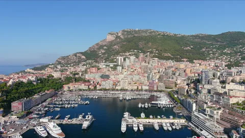 Monte Carlo, Monaco: Aerial view of famous city towering over Mediterranean Sea Video stock 157679503
