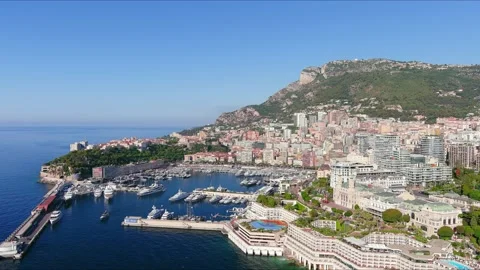 Monte Carlo, Monaco: Aerial view of famous city towering over Mediterranean Sea Stock Footage 157682248
