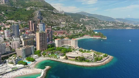 Monte Carlo, Monaco: Aerial view of famous city towering over Mediterranean Sea Video stock 157688770