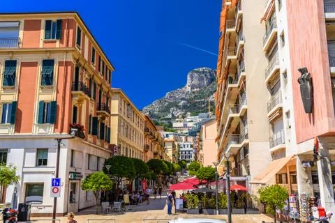 MONTE-CARLO, MONACO - JUN 2017: City center street with houses and hotels, La Stock Photos