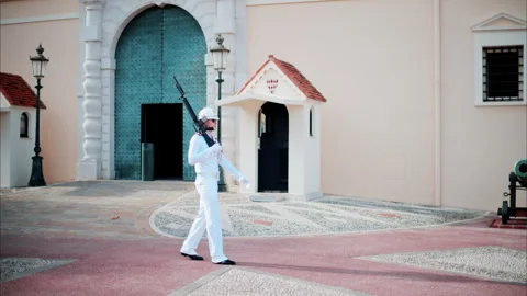 Monte Carlo, Monaco - October 4, 2024: Guards marching at the Palace of Monaco Stock Footage 290072894