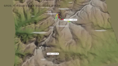 Monte cinto massif gr20 cirque de la solitude 3d terrain route map seamless loop Stock Footage 341900049