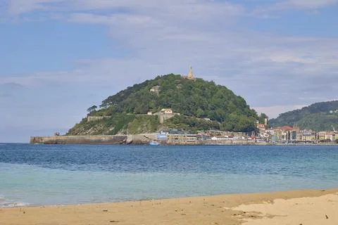 Monte Urgull view from La Concha beach Stock Photos