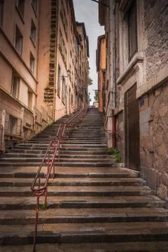 Montee des Carmes Dechausses steps in Fourviere, a Typical narrow street of t Stock Photos