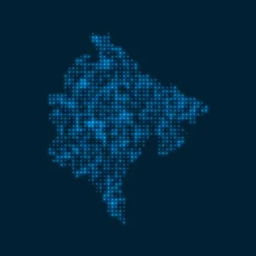 Montenegro dotted glowing map. Shape of the country with blue bright bulbs... 스톡 일러스트