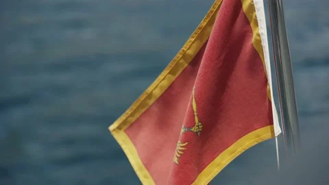 Montenegro flag develops in the wind against the background of the sea Stock Footage 143742743