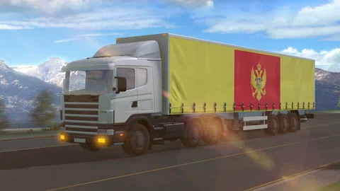 Montenegro flag shown on the side of a large truck Stock Footage 122103795
