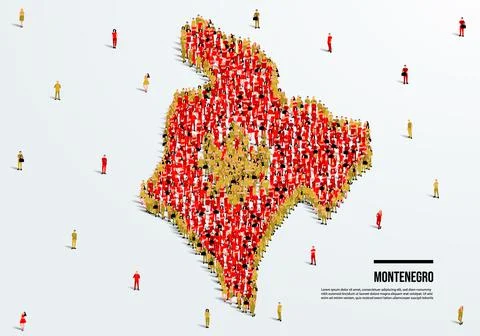 Montenegro Map and Flag. A large group of people in the Montenegro flag color. Stock Illustration