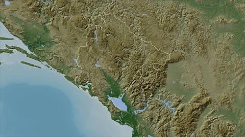 Montenegro outlined on a Pale colored elevation map with lakes and rivers Illustrazione stock