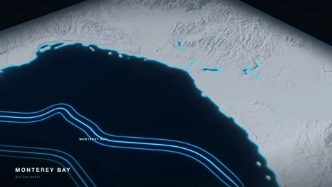Monterey Bay 3D White Terrain Relief Map With Glowing Shipping Route Vídeo Stock 344020501