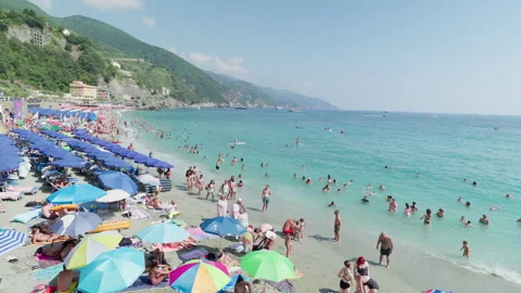 Monterosso al Mare  Cinque Terre 22.08.2024. Beach and Ligurian sea. Stock Footage 286009085