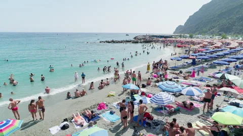 Monterosso al Mare  Cinque Terre 22.08.2024. Beach and Ligurian sea. Stock Footage 286009160