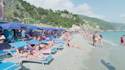 Monterosso al Mare  Cinque Terre 22.08.2024. Beach and Ligurian sea. Stock Footage 286009515