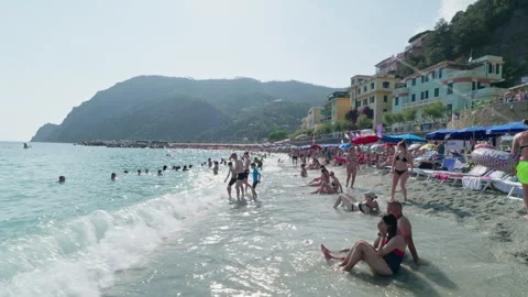 Monterosso al Mare  Cinque Terre 22.08.2024. Beach and Ligurian sea. Stock Footage 286009762