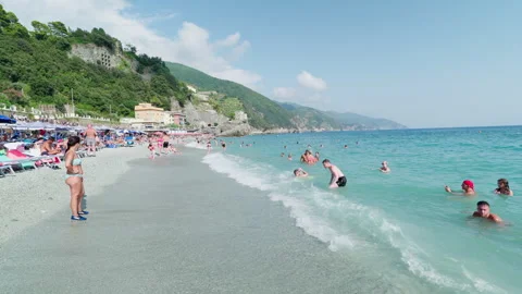 Monterosso al Mare  Cinque Terre 22.08.2024. Beach and Ligurian sea. Stock Footage 286009971