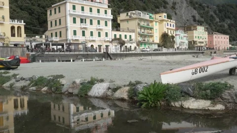 Monterosso Beachfront Buildings Reflected in Water. Stock Footage 329837864