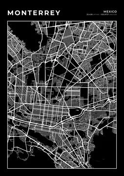 Monterrey Map Wall Art Frame, Cartography Map Print, City Layout Map Stock Illustration