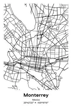 Monterrey, Mexico - vector map of city in Black, white, gray, BW colors Stock Illustration