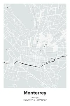 Monterrey, Mexico - vector map of city in Gray, Black, White, BW colors Stock Illustration