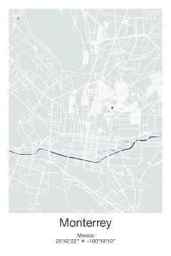Monterrey, Mexico - vector map of city in Gray, Blue, Green, White colors Stock Illustration
