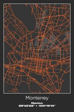 Monterrey, Mexico - vector map of city in Gray, Black, Orange colors Stock Illustration