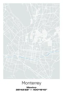 Monterrey, Mexico - vector map of city in Gray, white, green, blue colors Stock Illustration