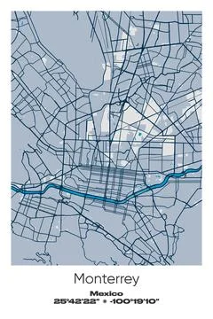 Monterrey, Mexico - vector map of city in Blue, Gray, Yellow, Olive colors Stock Illustration
