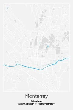 Monterrey, Mexico - vector map of city in Gray, white, blue colors Stock Illustration