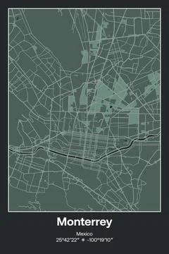 Monterrey, Mexico - vector map of city in Dark gray, Gray, Green, gray-green col Stock Illustration