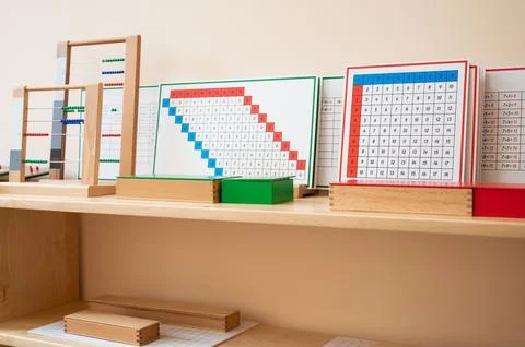 Montessori Math Materials with Bead Frames and Charts Stock Photos