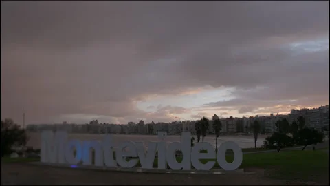 Montevideo letters monument sunset timelapse March 21st 2024 Stockbeeldmateriaal 311719488