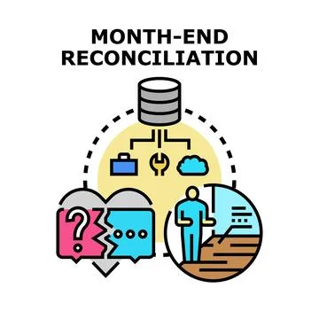 Month end reconciliation process concept solving financial discrepancies Stock Illustration