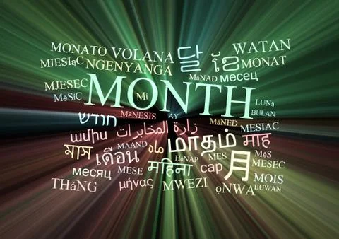 Month multilanguage wordcloud background concept glowing Stock Illustration