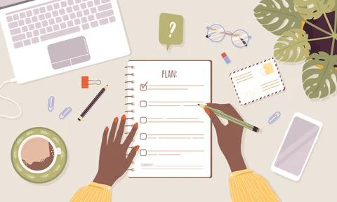 Month planning or checklist concept. African woman planning day or week. Task 스톡 일러스트