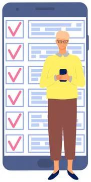 Month scheduling, to do list, time management app. Businessman stands near Stock Illustration