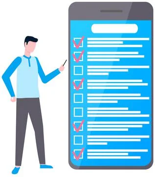Month scheduling, to do list, time management app. Businessman stands near Stock Illustration