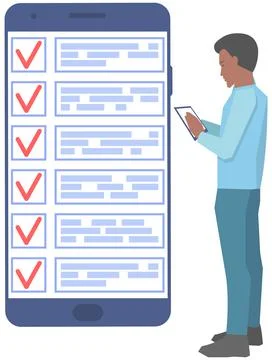 Month scheduling, to do list, time management app. Businessman stands near Stock Illustration