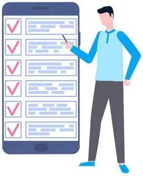 Month scheduling, to do list, time management app. Businessman stands near Stock Illustration