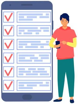 Month scheduling, to do list, time management app. Businessman stands near Stock Illustration