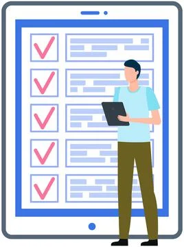 Month scheduling, to do list, time management app. Businessman stands near Stock Illustration