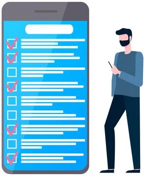 Month scheduling, to do list, time management app. Businessman stands near Stock Illustration