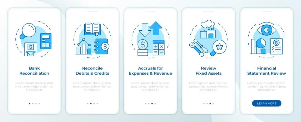MonthEnd close task list blue onboarding mobile app screen Stock Illustration