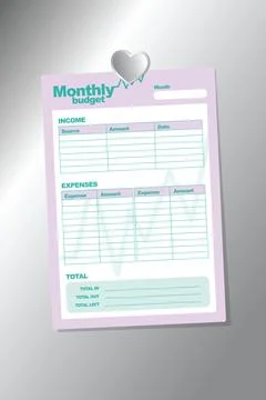 Monthly budget planner template with silver heart shape magnet on silver ba.. Stock Illustration